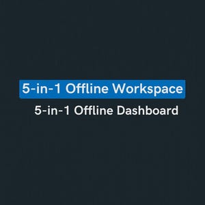 Könnte beinhalten: Dunkelblauer Hintergrund mit weißem Text "5-in-1 Offline Workspace" und "5-in-1 Offline Dashboard". Der Text ist in einer serifenlosen Schriftart und befindet sich in einem blauen Rechteck. Der untere Teil des Bildes enthält den Text "COCÓ by Good Stories".