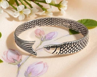 S925 Sterling Silver Koi Fish Cuff Bracelet, Adjustable Pisces Bangle, Good Luck Jewelry