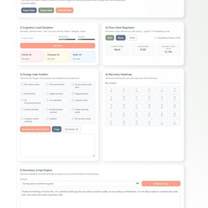 May include: Screenshot of the 2026 Burnout Recovery App interface. The app features sections for cognitive load deciphering, flow-state regulation, energy leak auditing, and a recovery heatmap. The app's design is clean with a white background and colorful buttons.