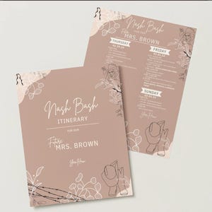 May include: Two blush-colored event itinerary cards with the text "Nash Bash" and "Mrs. Brown". The cards feature floral line art and event details for Thursday, Friday, and Sunday. The itinerary is for a bachelorette party.
