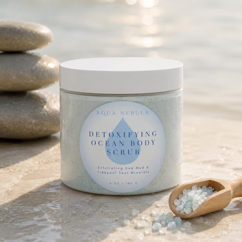May include: A cylindrical jar of Aqua Nebula Detoxifying Ocean Body Scrub with a white lid and a light blue label. The label features a blue water drop icon and text reading Exfoliating Sea Mud & Tidepool Teal Minerals, 6 oz / 180 g.