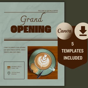 Paquete de plantillas Canva para la gran inauguración de una cafetería, folleto de apertura de cafetería, letrero de "Estamos abiertos", promoción especial de apertura, plantilla editable para pequeñas empresas.
