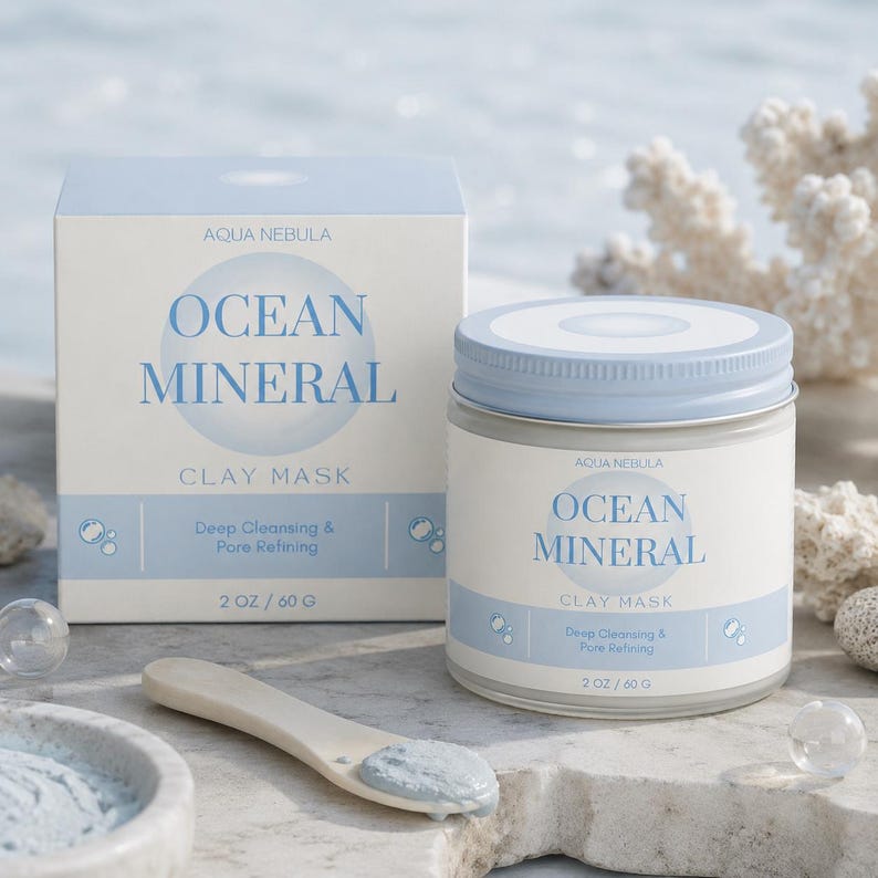 May include: A light blue and white box and a matching jar of Aqua Nebula Ocean Mineral Clay Mask. The labels feature the text Ocean Mineral, Clay Mask, Deep Cleansing & Pore Refining, and 2 oz / 60 g. A small wooden scoop with blue clay sits nearby.