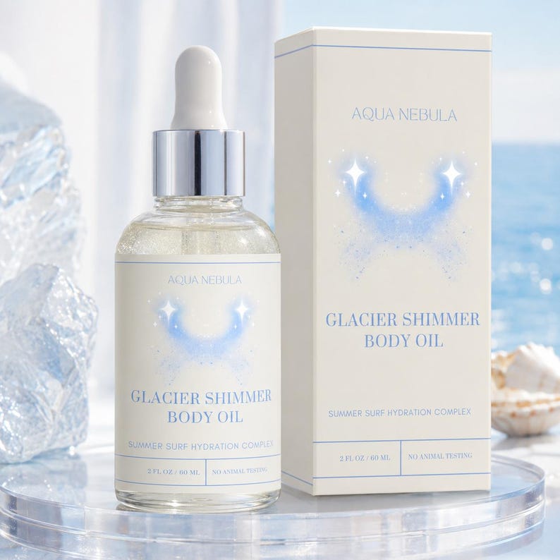 May include: A clear glass dropper bottle and a rectangular cardboard box of Aqua Nebula Glacier Shimmer Body Oil. The labels feature blue text, a blue star graphic, and state 2 fl oz / 60 ml and Summer Surf Hydration Complex.