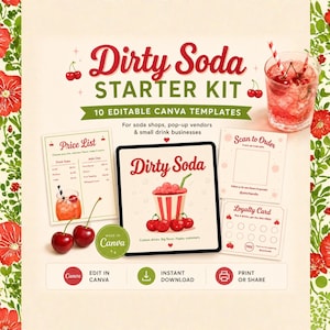 Dirty Soda Starter Kit Canva Template Bundle, Editable Soda Bar Menu, Price List, QR Sign, Loyalty Card, Pop Up Drink Business