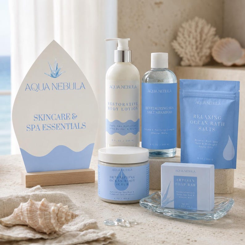 May include: A collection of Aqua Nebula skincare products including a pump bottle of Restorative Body Lotion, a bottle of Revitalizing Sea Salt Shampoo, a pouch of Relaxing Ocean Bath Salts, a jar of Detoxifying Ocean Body Scrub, and an Artisan Soap Bar.