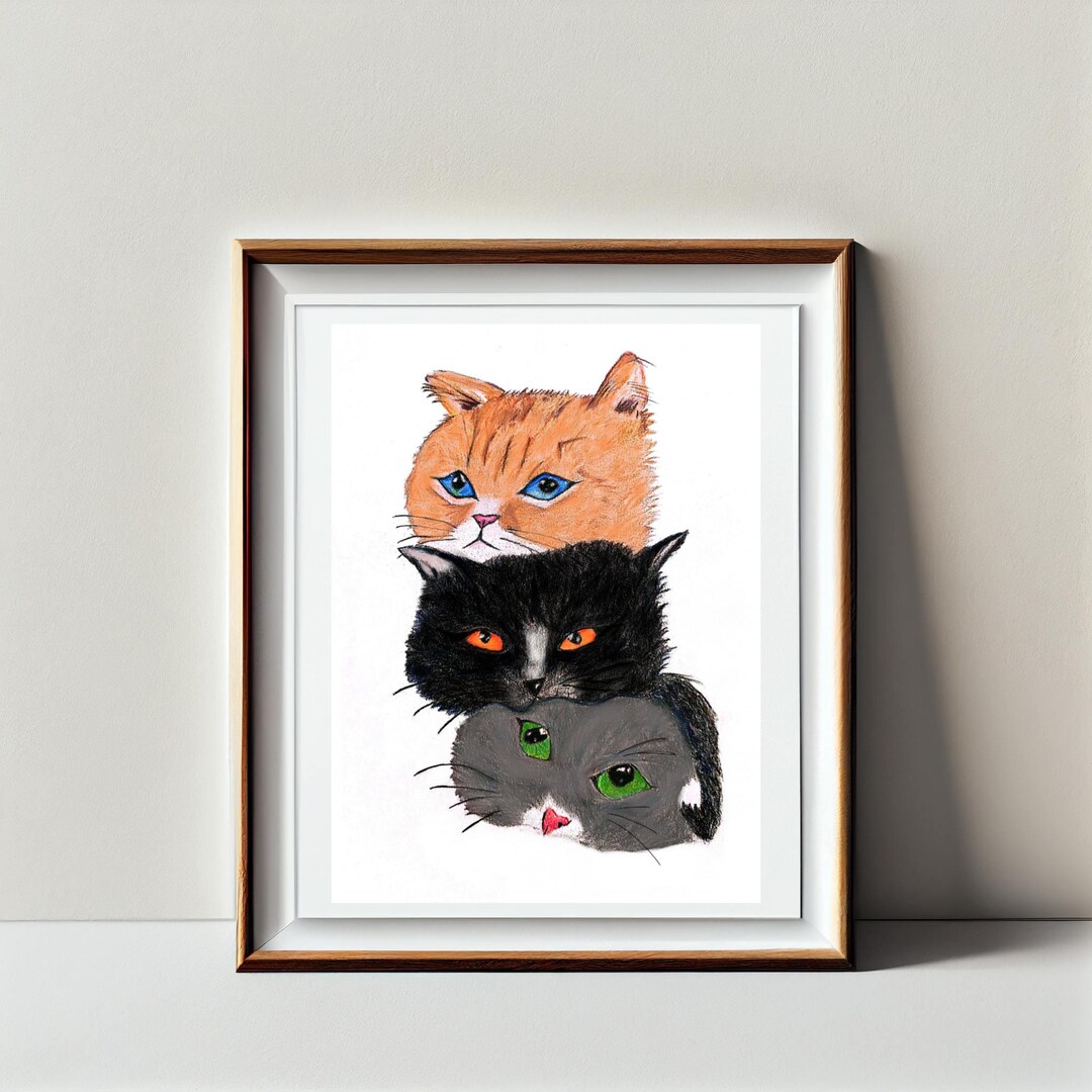 Whimsical Cat Stack Art, Hand-drawn Nursery Decor, Playful Animal ...