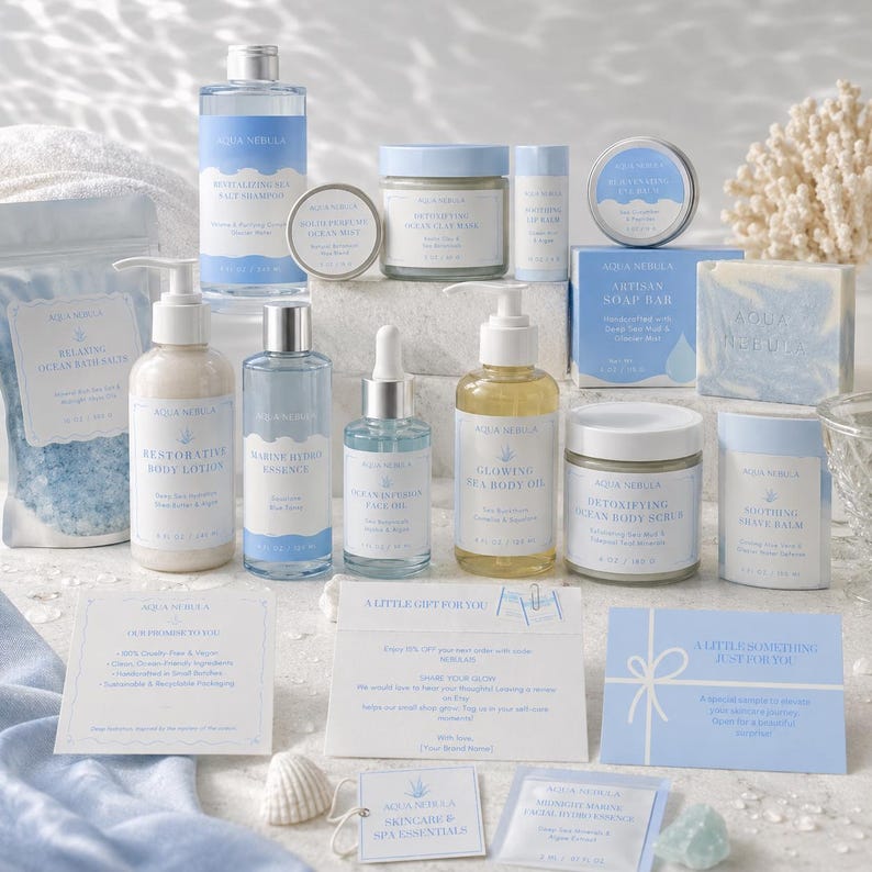 May include: A collection of Aqua Nebula skincare products including a salt shampoo, body lotion, face oil, body oil, body scrub, shave balm, soap bar, lip balm, and bath salts, accompanied by branded informational cards and small sample packets.