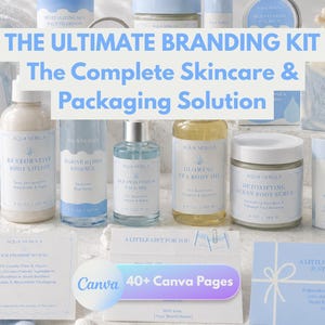 May include: A collection of skincare products labeled Aqua Nebula, including body lotion, face oil, body oil, body scrub, and shave balm in blue and white packaging. The set includes printed cards with text and a Canva 40+ Canva Pages graphic overlay.