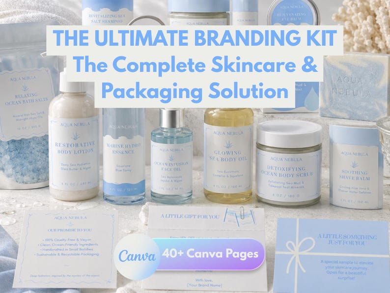 May include: A collection of skincare products labeled Aqua Nebula, including body lotion, face oil, body oil, body scrub, and shave balm in blue and white packaging. The set includes printed cards with text and a Canva 40+ Canva Pages graphic overlay.