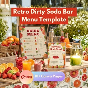 May include: A retro dirty soda bar menu template featuring a drink menu sign and a BerryBliss Drink Stand sign. The menu displays sections for classic juices, smoothies, and special blends with fruit illustrations. Includes 10+ Canva pages.