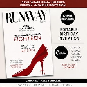 May include: A white invitation card with the word "RUNWAY" in large black letters. The card includes the text "Miranda is turning eighteen" and a red high heel shoe with a trident heel. The invitation is 4.2" x 5.25".