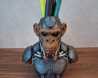 Cybernetic Chimpanzee Pen Holder – 3D Printed and Hand-Painted Desk Storage