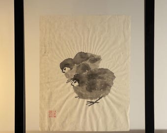 Two Baby Chicks - Original Chinese Brush Painting on Rice Paper - Handmade by Retired Artist