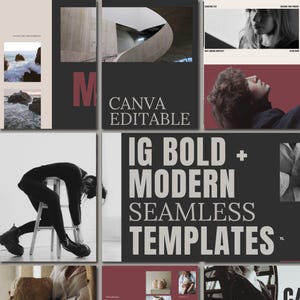 May include: A digital collection of graphic design templates featuring a grid layout with various panels. The panels display photography of a person on a stool, ocean waves, architectural curves, and portraits, alongside text reading CANVA EDITABLE.