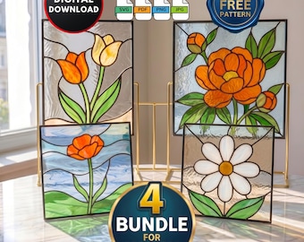 Bundle of 4 DIY Stained Glass Patterns for Beginners Stained Glass Flowers Window Hanging Suncatcher Home Decor Wall Art Digital Download