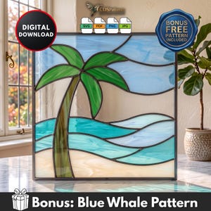 May include: A square stained glass panel featuring a tropical scene with a green palm tree, turquoise ocean waves, and a sandy beach. The design includes a digital download label, file format icons, and a bonus free pattern badge.