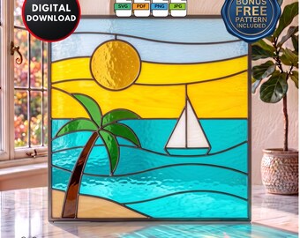 Padrão de vitral de praia ensolarada, faça você mesmo, enfeite de jardim para janela, decoração de casa, arte de parede, download digital, película de vitral para janela