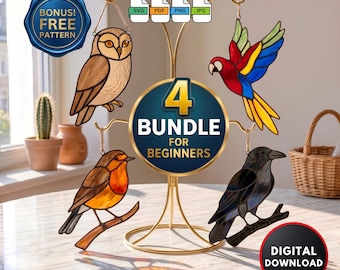 Bundle of 4 Birds DIY Stained Glass Patterns for Beginners Stained Glass Window Hanging Suncatcher Home Decor Wall Art Digital Download
