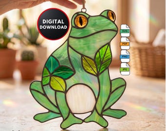 Frog Stained Glass Pattern DIY Green Frog Suncatcher Window Hanging Home Decor Wall Art Digital Download Stained Glass Window Film