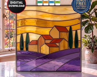 Dorf Lavendel Felder Glasmalerei: Anfänger Suncatcher Wandkunst (Digitaler Download)