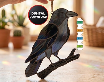 Crow Stained Glass Pattern DIY Black Crow Suncatcher Window Hanging Home Decor Wall Art Digital Download Stained Glass Window Film