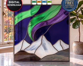 Aurora Mountains Stained Glass Pattern for Beginners: DIY Suncatcher Wall Art (Digital Download)