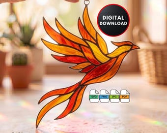 Phoenix Stained Glass Pattern DIY Firebird Suncatcher Window Hanging Home Decor Wall Art Digital Download Stained Glass Window Film