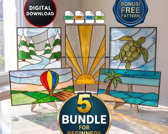 Bundle of 5 DIY Stained Glass Patterns for Beginners Stained Glass Scenery Window Hanging Suncatcher Home Decor Wall Art Digital Download