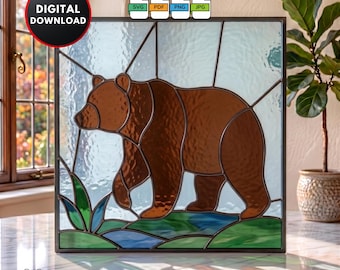 Brown Bear Stained Glass Pattern DIY Animal Suncatcher Window Hanging Home Decor Wall Art Digital Download Stained Glass Window Film