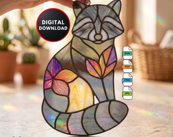 Racoon Stained Glass Pattern DIY Racoon Suncatcher Window Hanging Home Decor Wall Art Digital Download Stained Glass Window Film