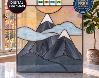 Easy Stained Glass Pattern for Beginners DIY Cloudy Mountains Stained Glass Window Suncatcher Wall Art Digital Download
