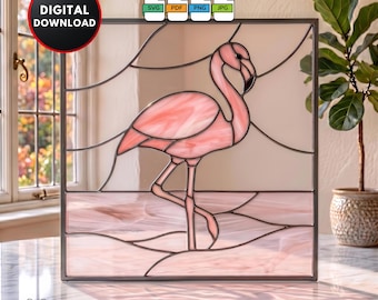 Flamingo Stained Glass Pattern DIY Jungle Suncatcher Window Hanging Home Decor Wall Art Digital Download Stained Glass Window Film
