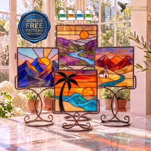 May include: Four square stained glass panels on metal stands featuring landscape scenes of mountains, a river, a church, and a beach with a palm tree. A blue seal in the top left corner reads BONUS FREE PATTERN INCLUDED with file icons SVG, PDF, PNG, JPG.