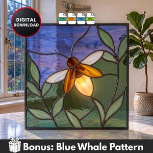 May include: A square stained glass panel featuring a central firefly with amber and white wings against a background of blue sky and green foliage. The design includes text icons for SVG, PDF, PNG, and JPG formats, and the text CDSPatterns.