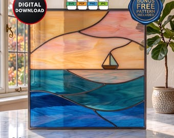 Easy Stained Glass Pattern for Beginners DIY Boat in Sea Stained Glass Window Suncatcher Wall Art Digital Download