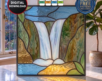 Modello di vetrata artistica facile per principianti: cascata, vetrata artistica, acchiappasole, decorazione murale, download digitale.