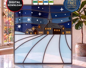 Padrão de vitral da Vila na Neve - Faça Você Mesmo - Apanhador de Sol para Jardim - Decoração de Janela - Arte de Parede - Download Digital - Película para Janela com Efeito Vitral