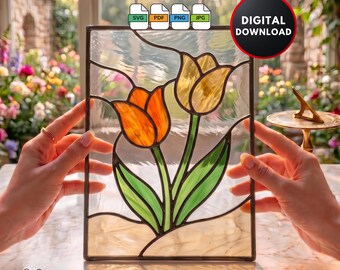 Stained Glass Tulips Pattern DIY Handmade Flowers Suncatcher Window Hanging Home Decor Wall Art Digital Download Stained Glass Window Film