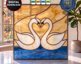 Swans Heart Stained Glass Pattern for Beginners: DIY Suncatcher Wall Art (Digital Download)
