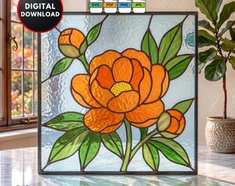 Peony Flowers Stained Glass Pattern DIY Flower Suncatcher Window Hanging Home Decor Wall Art Digital Download Stained Glass Window Film