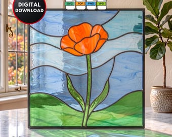 Poppy Flower Stained Glass Pattern DIY Flower Suncatcher Window Hanging Home Decor Wall Art Digital Download Stained Glass Window Film