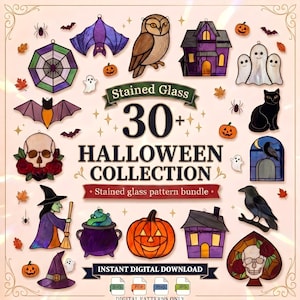 Op de afbeelding: Een digitale collectie van 30+ Halloween-thema glas-in-lood patronen met illustraties van een uil, vleermuizen, spookhuis, geesten, zwarte kat, schedel met rozen, heks, ketel, pompoen en raaf, inclusief iconen voor bestandsformaten.