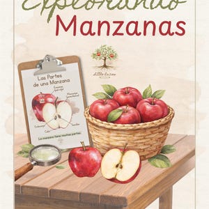 May include: An educational poster titled Explorando Manzanas featuring a clipboard with a diagram of apple parts, a woven basket filled with red apples, a magnifying glass, and a sliced apple on a wooden table with the text Little Raices Studio.