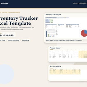 May include: An inventory tracker Excel template with the title "Inventory Tracker Excel Template". The template includes 7 tabs and a PDF guide. It tracks products, stock movement, current inventory, and reorder needs. The template is editable and available for instant download.