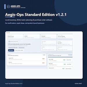 May include: A digital interface for Aegis-Ops Standard Edition v1.2.1 software, displaying a dashboard with inventory, BOM, and batch planning metrics. The screen features text headers, status cards, and progress trackers on a dark blue background.