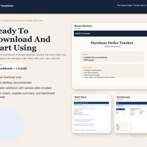May include: A digital download template for a Purchase Order Tracker. The template includes an editable Excel workbook and a PDF guide. The design is clean with a navy blue header and beige background. The text reads "Ready to Download and Start Using."