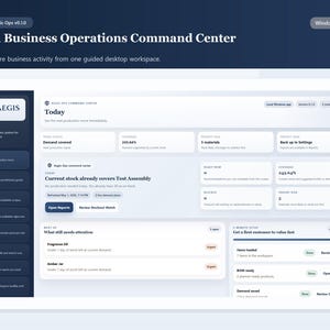 May include: A digital interface for business operations, featuring the text "Small Business Operations Command Center." The screen displays data visualizations, including percentages and lists, with the Aegis logo at the top left.