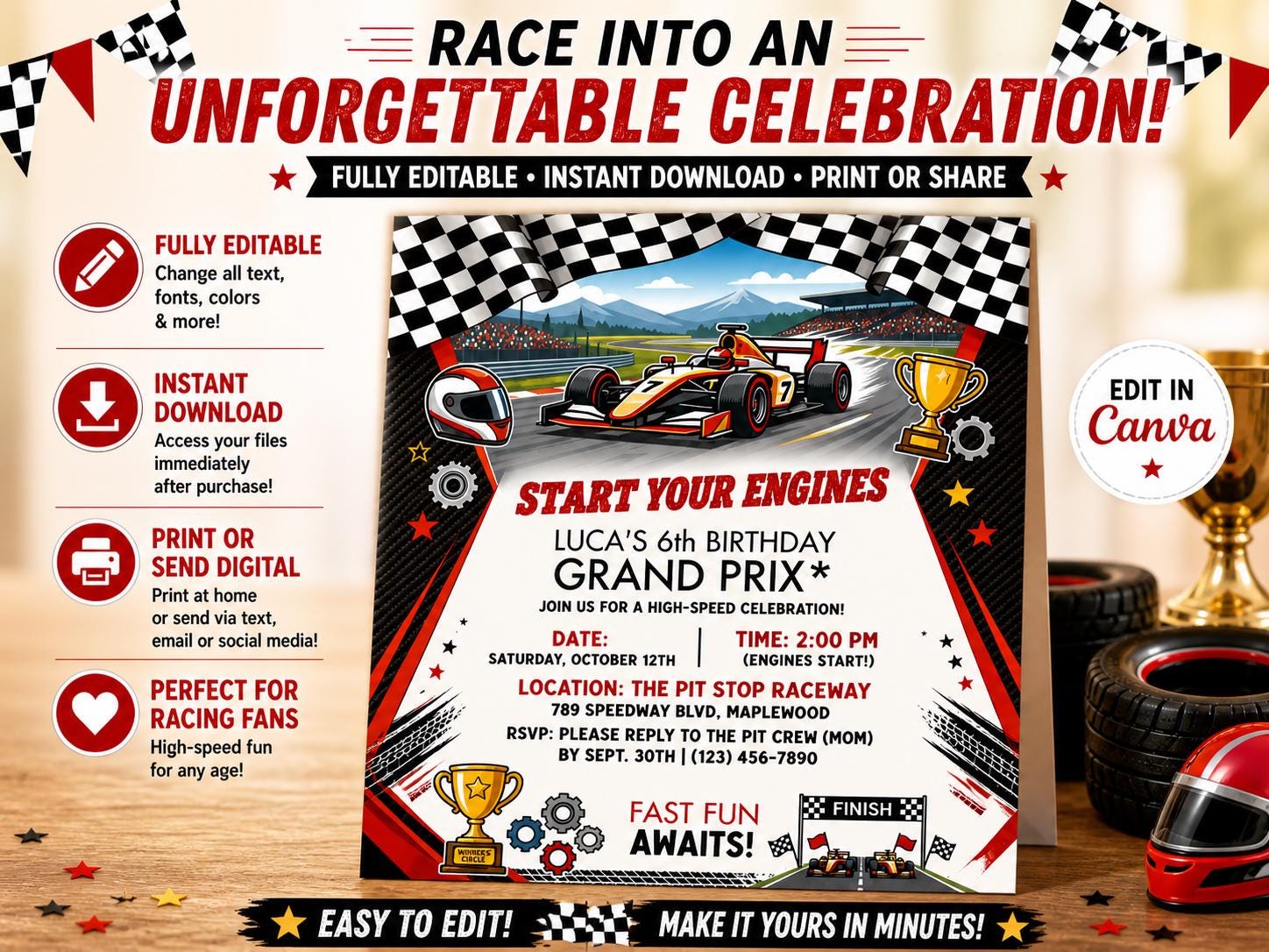 Invitations In Racing Example Editable Race Car Birthday Invitation, Formula 1 Racing Party Invite ...