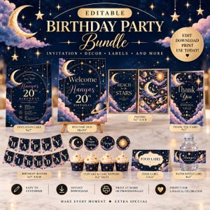 May include: An editable birthday party bundle featuring a celestial theme with dark blue backgrounds, gold moons, stars, and purple clouds. Includes an invitation, welcome sign, posters, thank you card, banner, cupcake toppers, food labels, and water bottle labels.